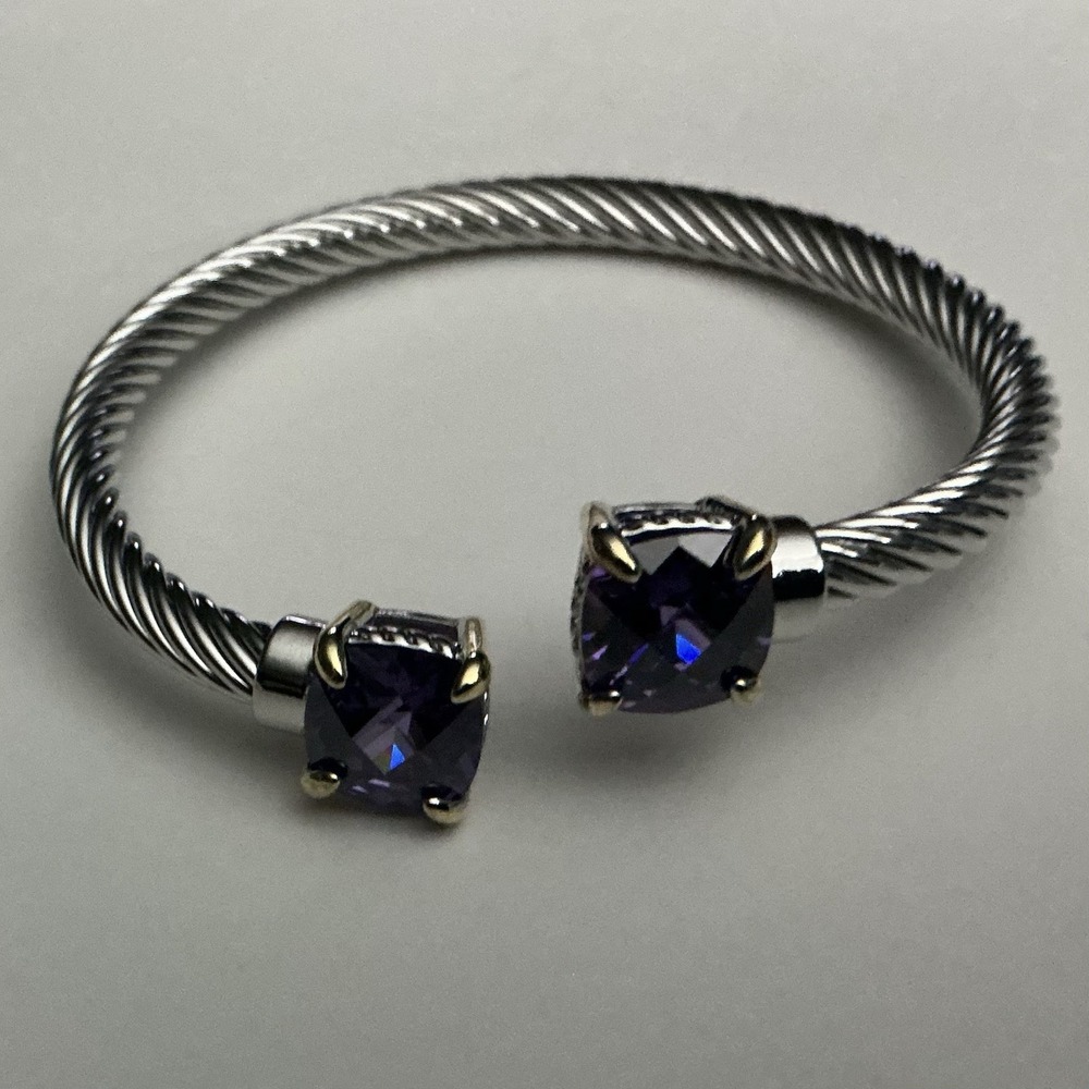 Two Tone Cable Cuff Bracelet  Amethyst Cushion Cut Purple Stone